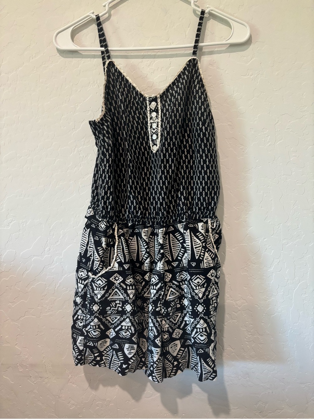 Spaghetti strap Black and White Patterned Women's Romper